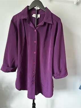 BrylaneWoman Vintage Purple Collared Shirt Cuffed 3/4 Sleeve Soft Blouse